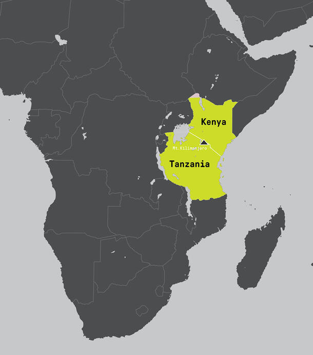 Map of Africa with Kenya and Tanzania highlighted.