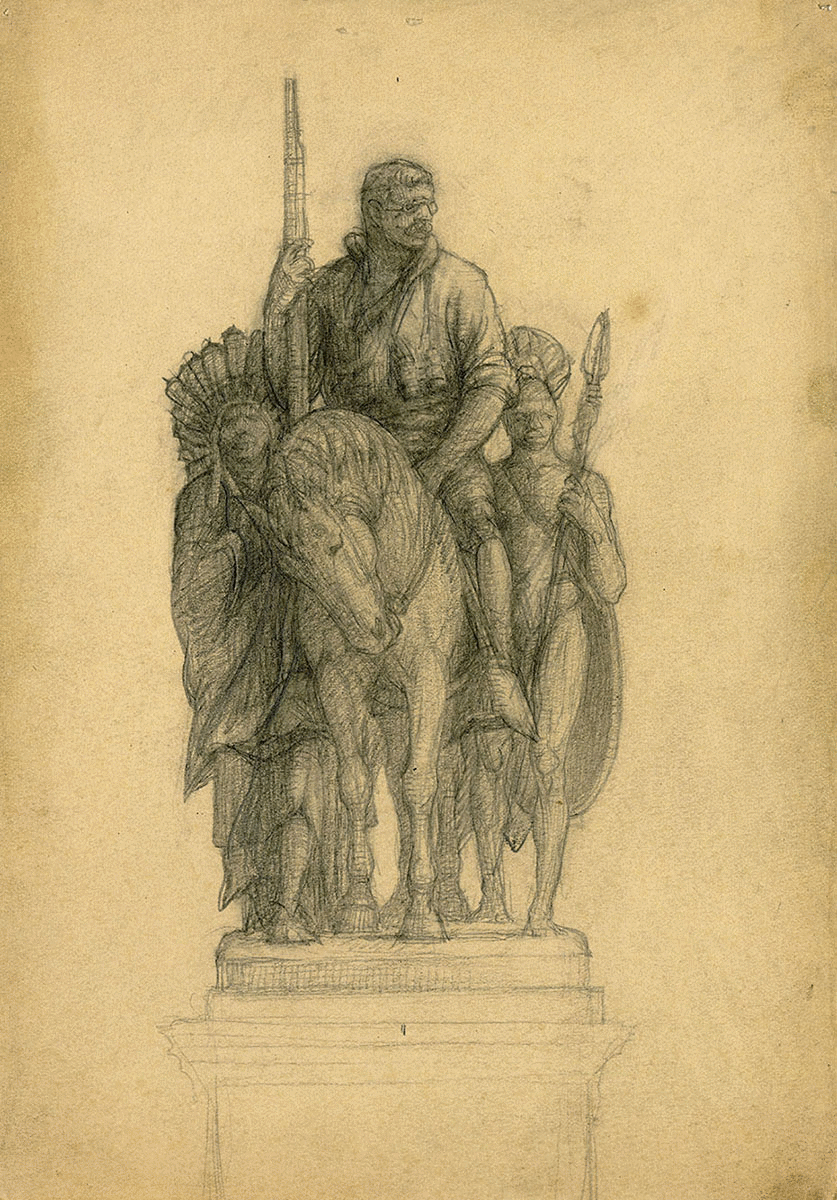 Pencil sketch of the Roosevelt equestrian statue by Fraser, with Roosevelt on horseback and two figures walking on each side.