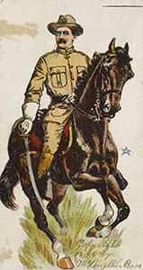 Illustration of Theodore Roosevelt astride a horse and carrying a sword during his time in the army.