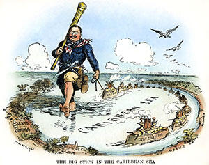 Political cartoon depicts Theodore Roosevelt carrying a big stick and dragging a string of small boats behind him.