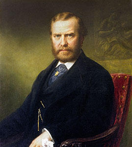 A stern portrait of Theodore Roosevelt's father, Roosevelt Sr, seated in a chair.