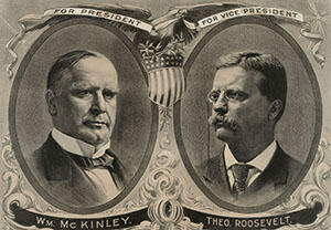 Portraits of President William McKinley (left) and vice-president Theodore Roosevelt (right).