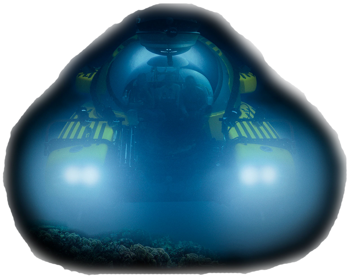 Submersible with a round glass dome where three people are seated and bright lights on each side, illuminating a small portion of the ocean.