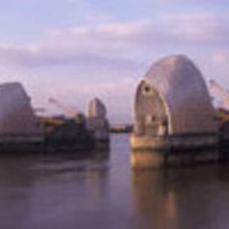 Large man-made structures on a body of water.