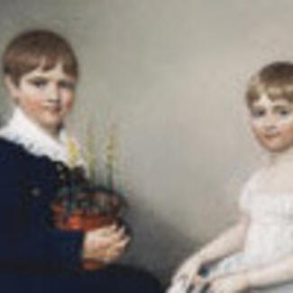 A painting of a young boy and a young girl in formal dress. He is holding a model of a ship.
