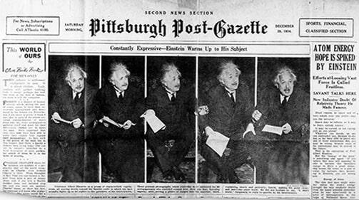 The front page of a 1934 newspaper, featuring a headline with a series of sequential photographs of Albert Einstein, speaking publicly.