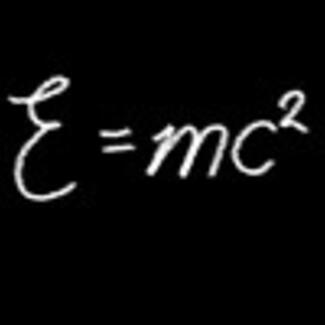 The equation E equals m c squared, written in white against a black background.