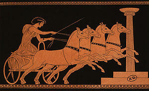 An ancient Greek engraving of a young woman on a chariot pulled by four horses.