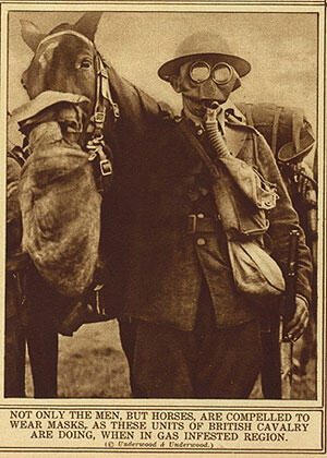 A World War One soldier posing beside a horse. Both are wearing gas masks. The soldier’s mask covers his full face. The horse’s mask covers only its muzzle.