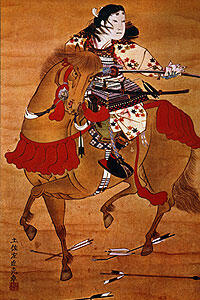 A painting of a mounted samurai in elaborate dress on a horse decorated with red tassels.