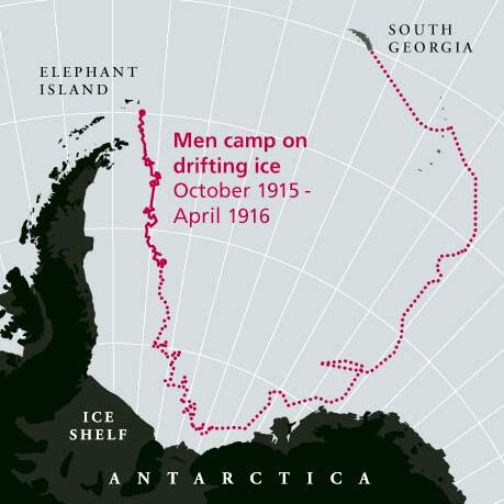 Antarctic coast. Elephant Island top left, South Georgia top right. Ocean area in center reads “Men camp on drifting ice October 1915 to April 1916.”