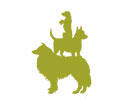 A silhouette of three dogs standing on each other's backs, with the biggest at the bottom and the smallest on the top