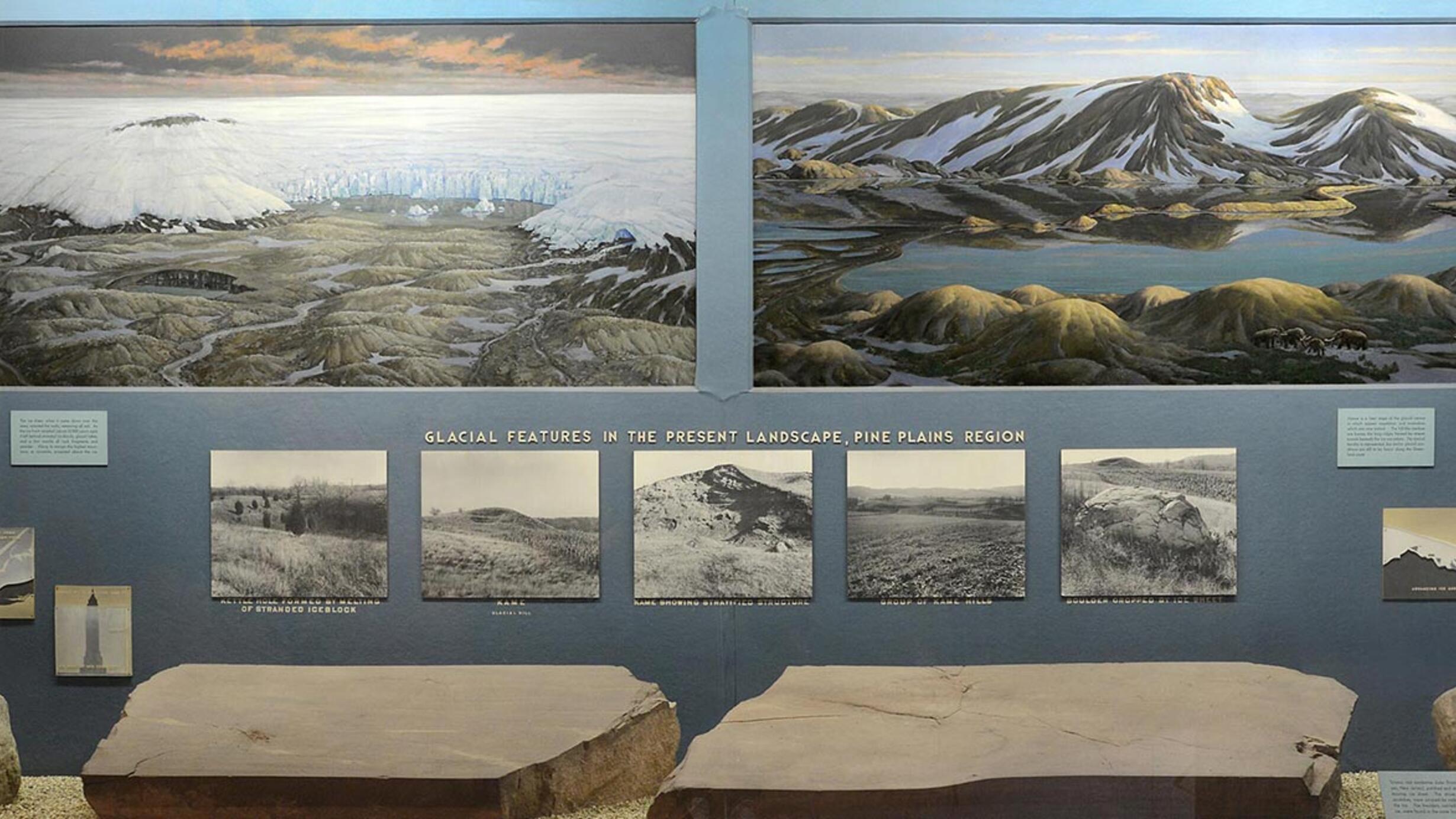 Museum case showing paintings of ice sheet and glacial retreat, sandstone slabs and pictures and text related to glaciation.