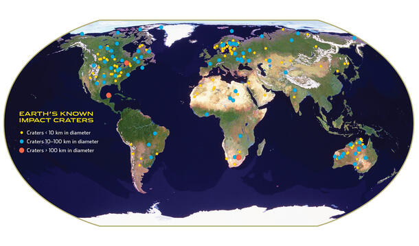 Earth map showing location of crater. The three areas with more impacts are North America, northern Europe and Australia.