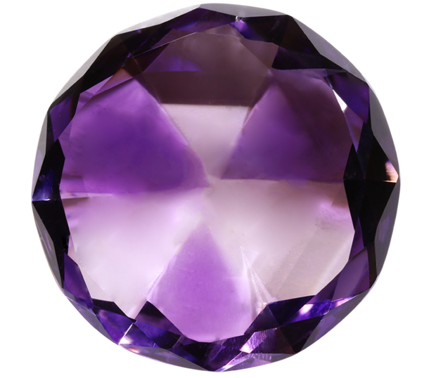 Amethyst gem stone displays a pinwheel patter in the cut of the stone.