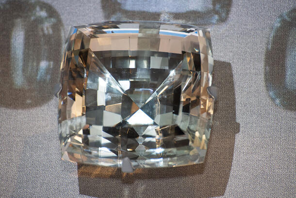 Huge, cushion-cut, polished topaz specimen.