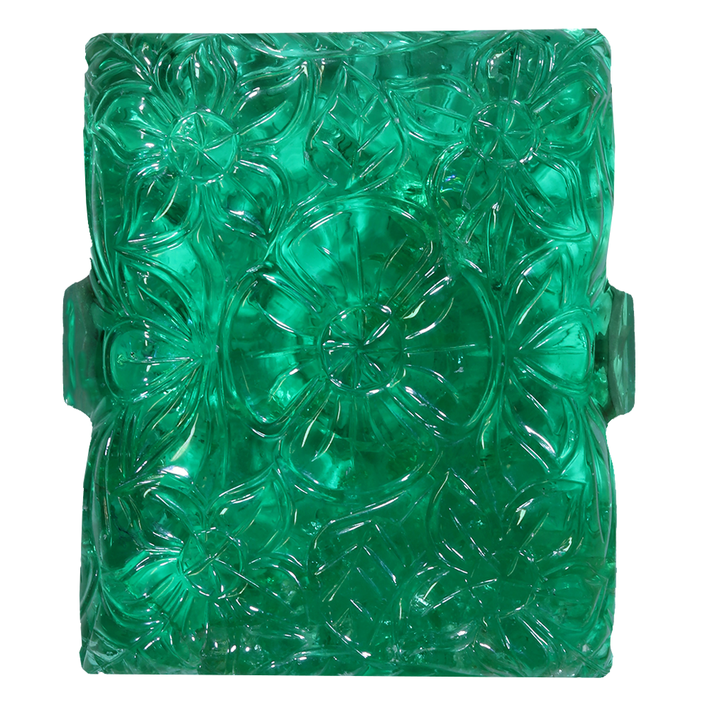 Huge rectangular-cut, and engraved polished emerald.