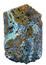 A massive block of weathered, multicolored azurite and malachite with swirls of different colors on its surface.