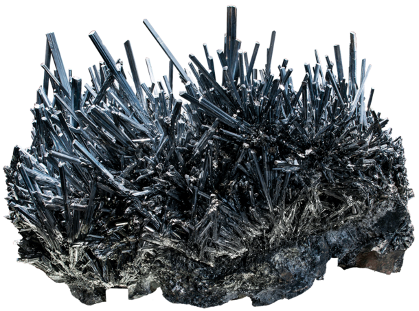 Block of stibnite is identified by it's spiky crystals.