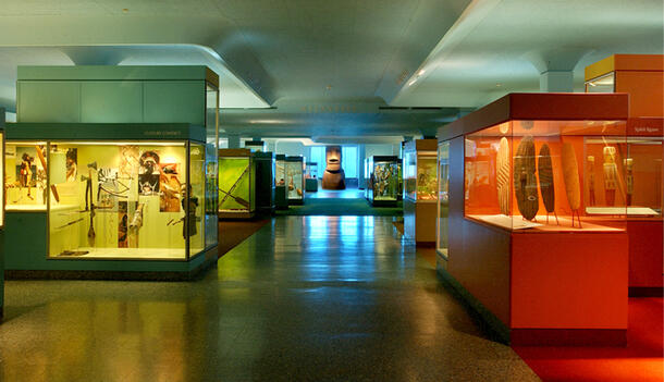 Wide shot of the Hall of Pacific People shows the Rapa Nui moai cast at the far end.