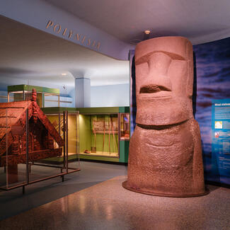 Moai statue in the center of the Hall of Pacific Peoples beside glass exhibit cases holding a Māori chief’s pātaka and other objects.