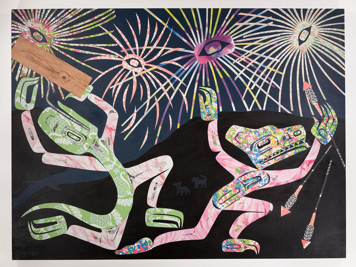 Mixed media painting depicting two figures dancing under fireworks.