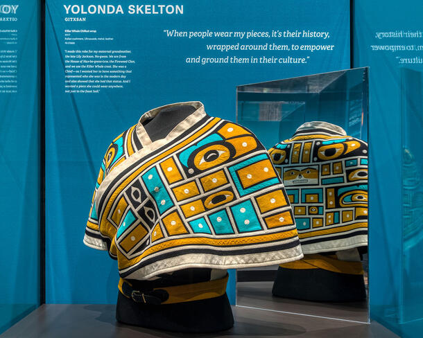 Patterned cloth wrap with colorful squares and geometric patterns on display in Museum glass case with mirror positioned to show the back designs.