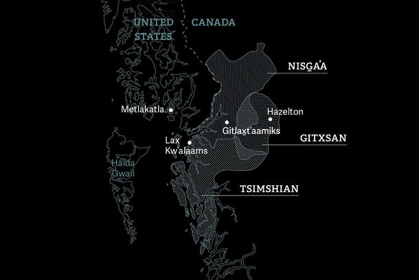 Map highlighting Gitxsan geography, including Hazelton, Gitlaxt'aamiks, Lax Kw'alaams, Metlakatla. Also shows proximity to Tsimshian and Haida land.