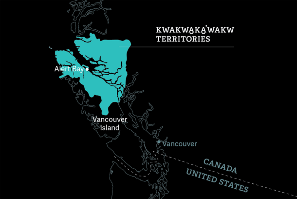 Map highlighting Kwakwaka'wakw territories including Alert Bay and Vancouver Island in bright color against dark background.