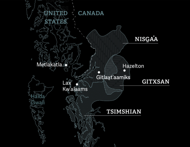 Map highlighting Nisga'a location in relation to Gitxsan and Tsimshian, labeling Hazelton, Gitlaxt'aamiks, Lax Kw'alaams, and Metlakatla.