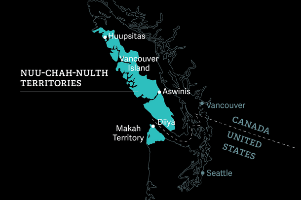 Map of Nuu-Chah-Nulth territories, found in coastal areas of northwest Washington state, and the Vancouver area of Canada.