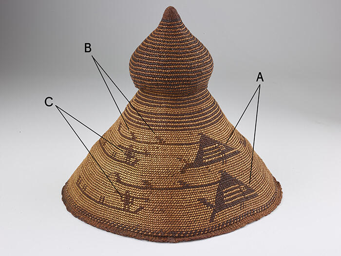 Woven pointed hat decorated with a whaling scene.
