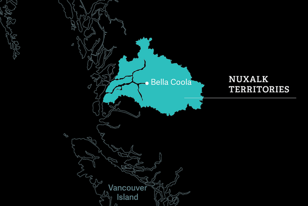 Map highlighting Nuxalk Territories in bright color against dark background, also marking Vancouver Island on map. 