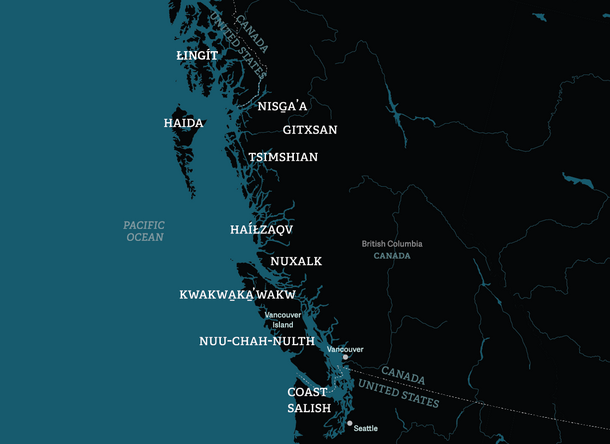 Map designates locations of the northwest coast nations along the western coast of the United States and Canada.