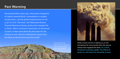 Slide titled "Past Warming" about Paleocene-Eocene Thermal Maximum which caused warm conditions on Earth 56 million years ago.