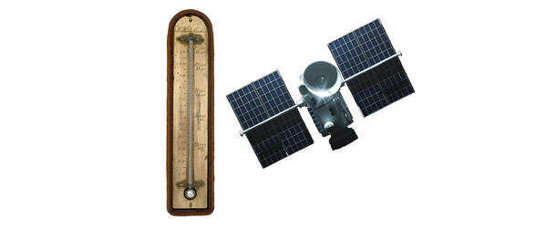 English mercury thermometer, late 1700s and weather monitoring satellite on black background.