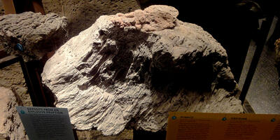 A large rock formation with an irregular surface, located in the Museum’s Hall of Planet Earth.