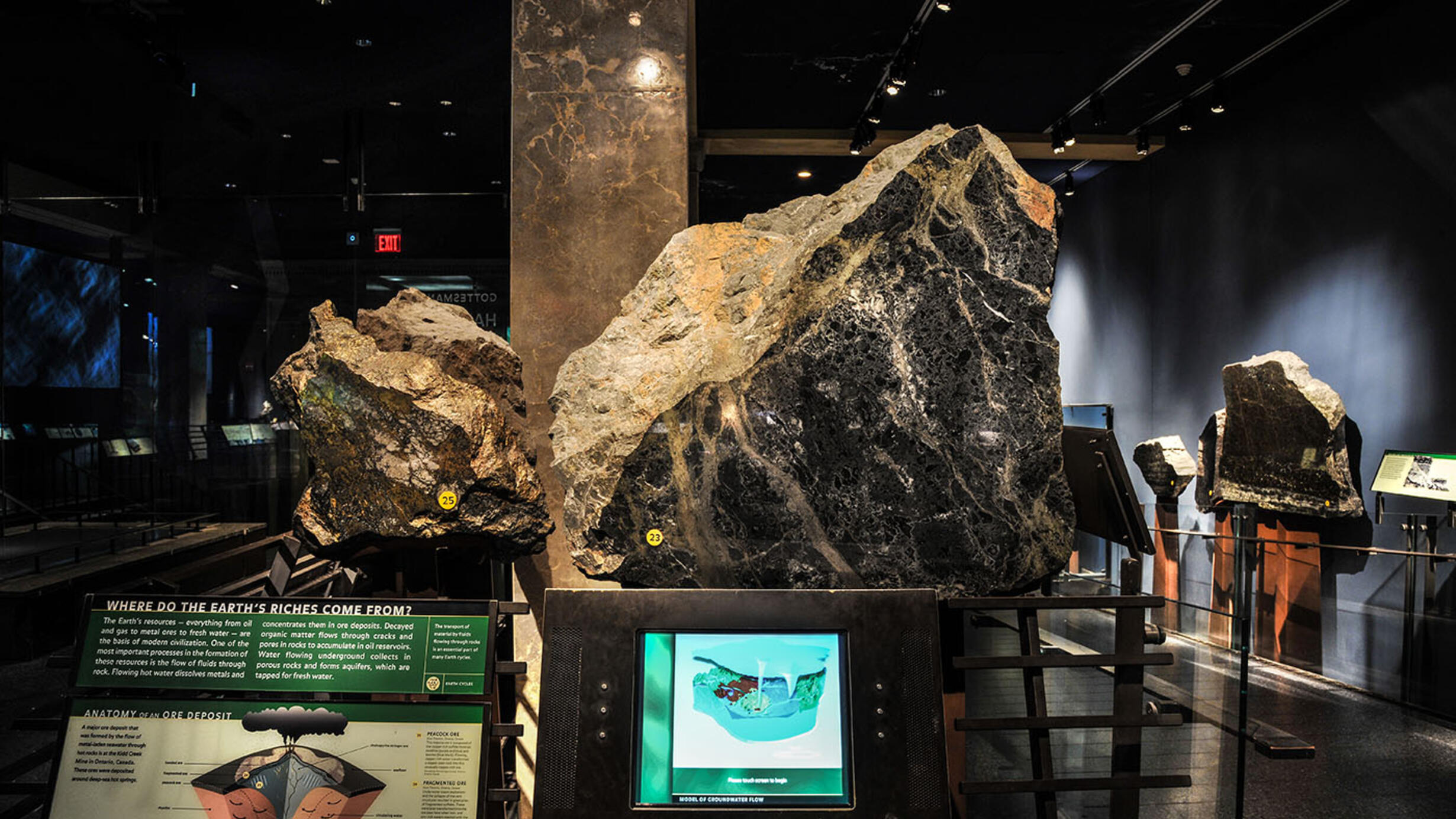Specimens on display pedestals in the Hall of Planet Earth.