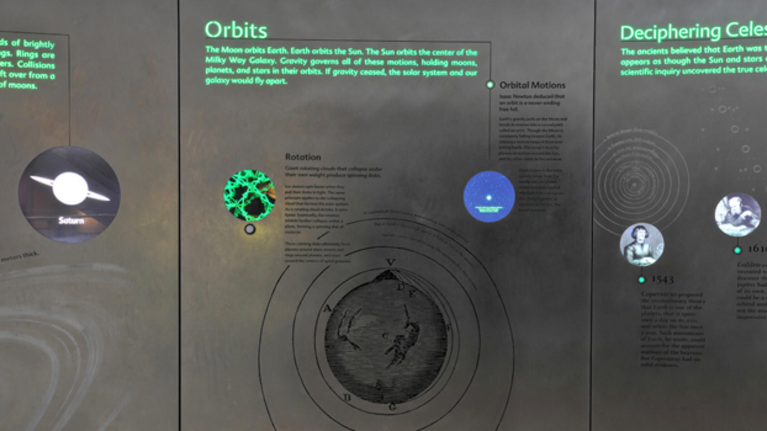 A visualization of the orbits of the Earth, moon, and sun on an exhibition wall in the Hall of the Universe.