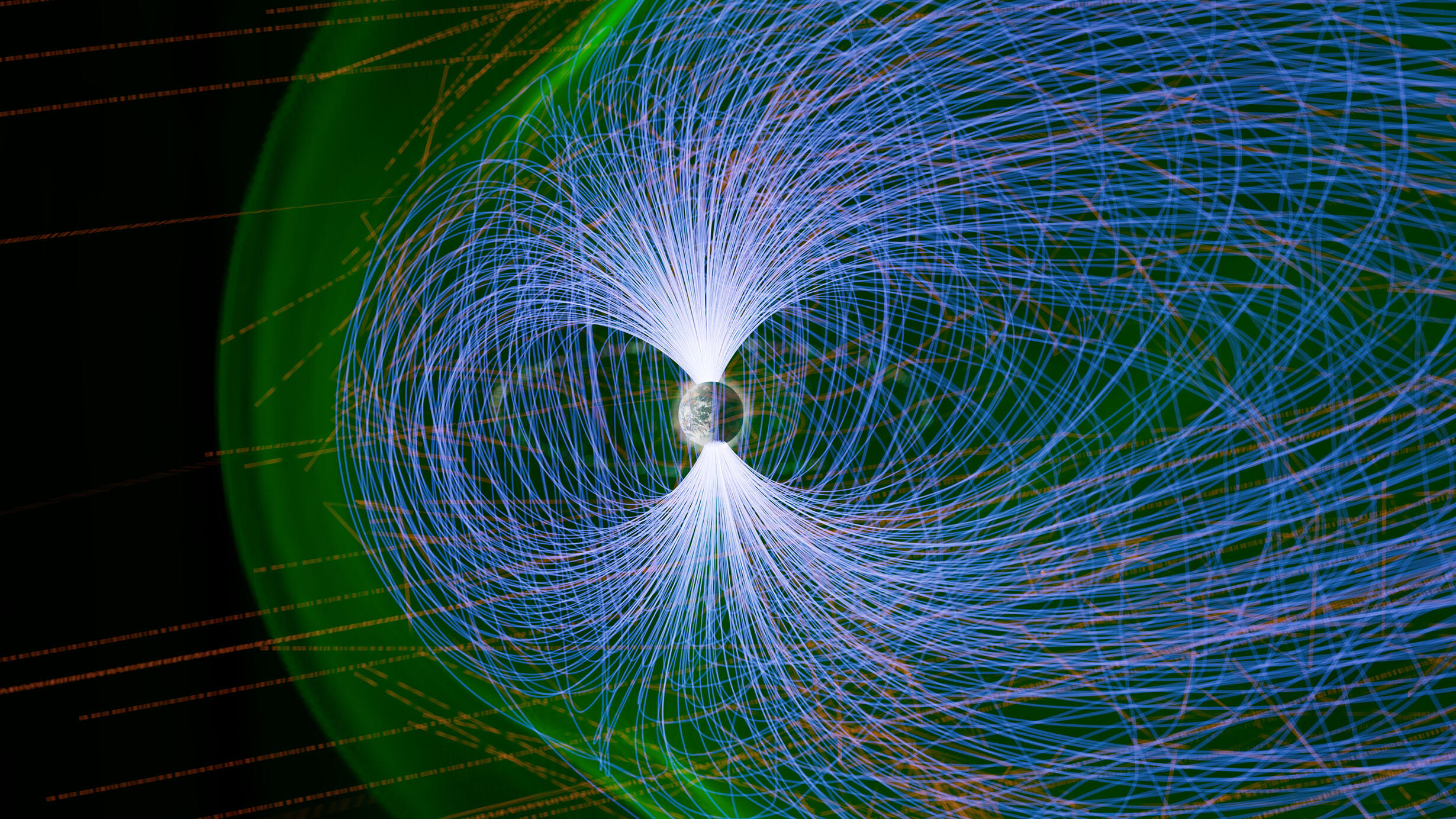 Colored lines in different patterns are used to depict Earth's protective magnetic field.