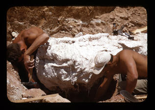 Two people dig under a plastered block in a rocky setting.