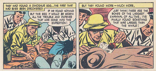 Two comic panels depicting Roy Chapman Andrews and colleagues unearthing dinosaur eggs and bones.