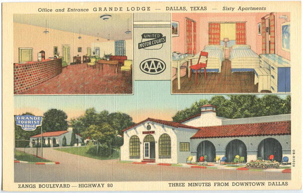Postcard for the Grande Lodge in Dallas, Texas featuring colorful illustrations of lodge exterior, lobby, and a room.