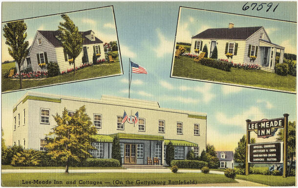 Illustrated postcard featuring the entrance of the Lee-Meade Inn and two cottages on site of Gettysburg Battlefield.