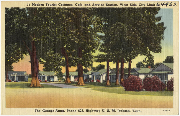 Postcard with text "Modern Tourist Cottages. Cafe and Service Station, West Side City Limit" and illustration of cottages and trees in Jackson, Tenn.