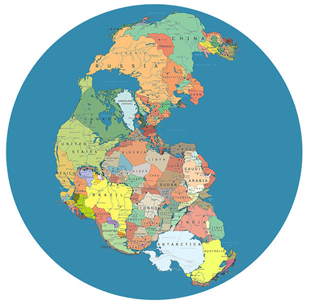 Colorful illustration depicting modern countries in the formation of the supercontinent Pangea. 