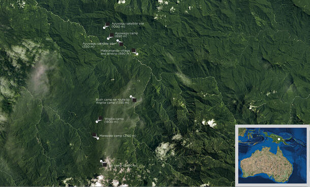 Close-up map of Papua New Guinea field sites (top to bottom): Ayuwagu Camp, Malaumanda village, Bush camp, Wigilia camp, Marepale camp, Elli camp.