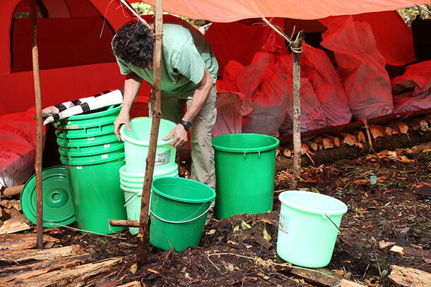 Person standing under a tent stacks buckets, surrounded by additional buckets. 