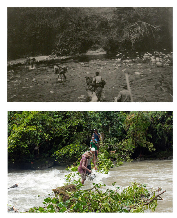 Top: Older image of two people riding pack animals, behind two more pack animals, crossing water. Bottom: Four people cross a river on foot. 