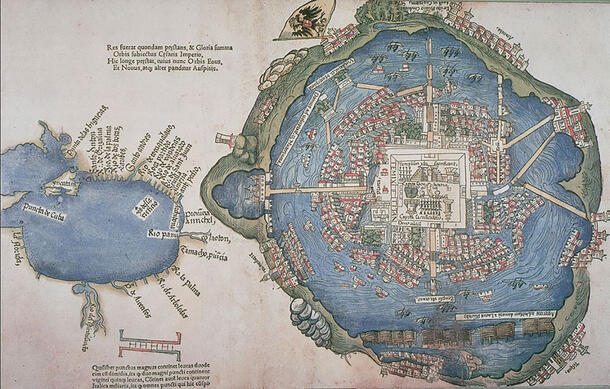 Colorful illustrated map of Tenochtitlan, depicting city at center of body of water, connected to land via multiple bridges.